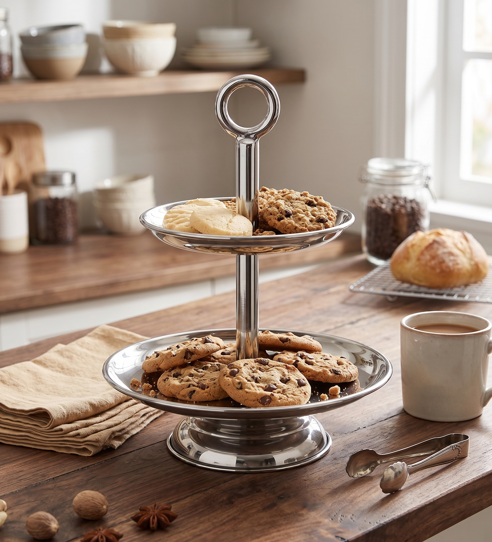 2 Tier Serveware With Ring Handle - Silver