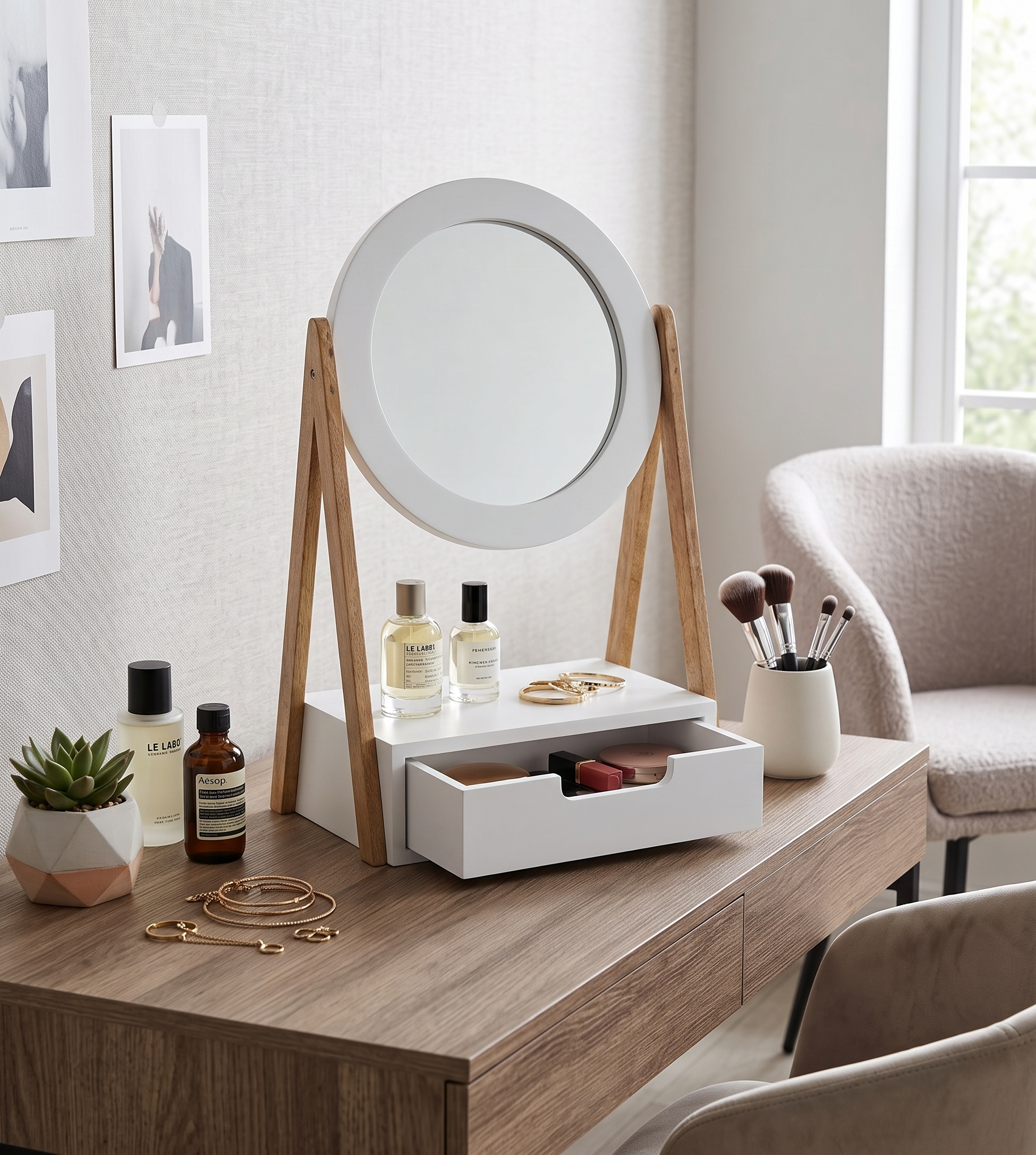 Wooden Vanity Mirror With Storage Drawer - White