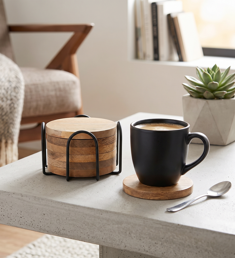 Wooden Coasters With Stand, Pack Of 6 - Natural