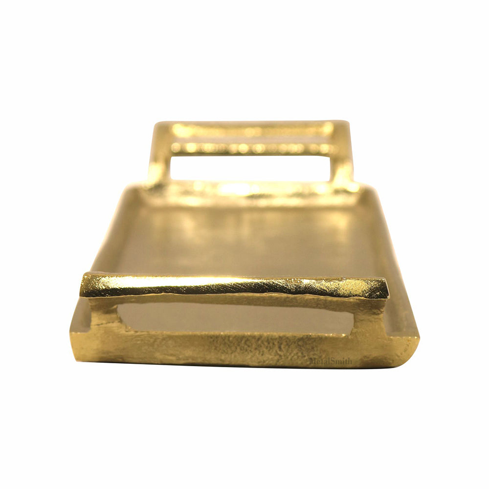 Rectangular Serving Tray with Handles Gold Plated Tray Decorative Aluminium Round Tray for Living Room Dining Office Center Table Decoration, Festival