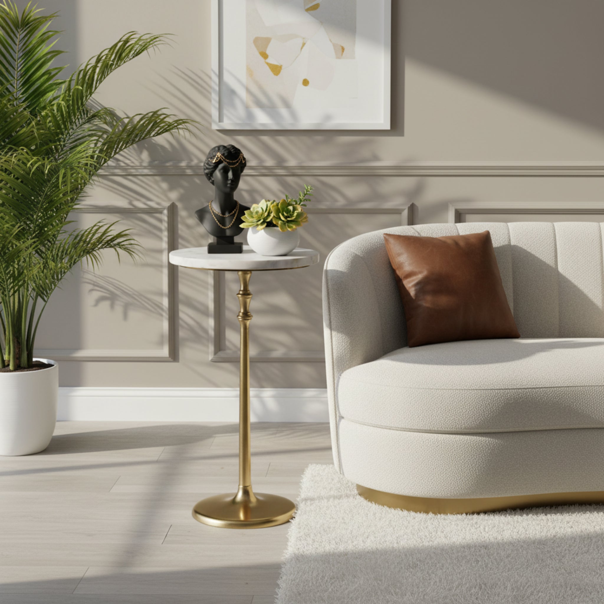Metal Side Table With Marble Top - Gold & White