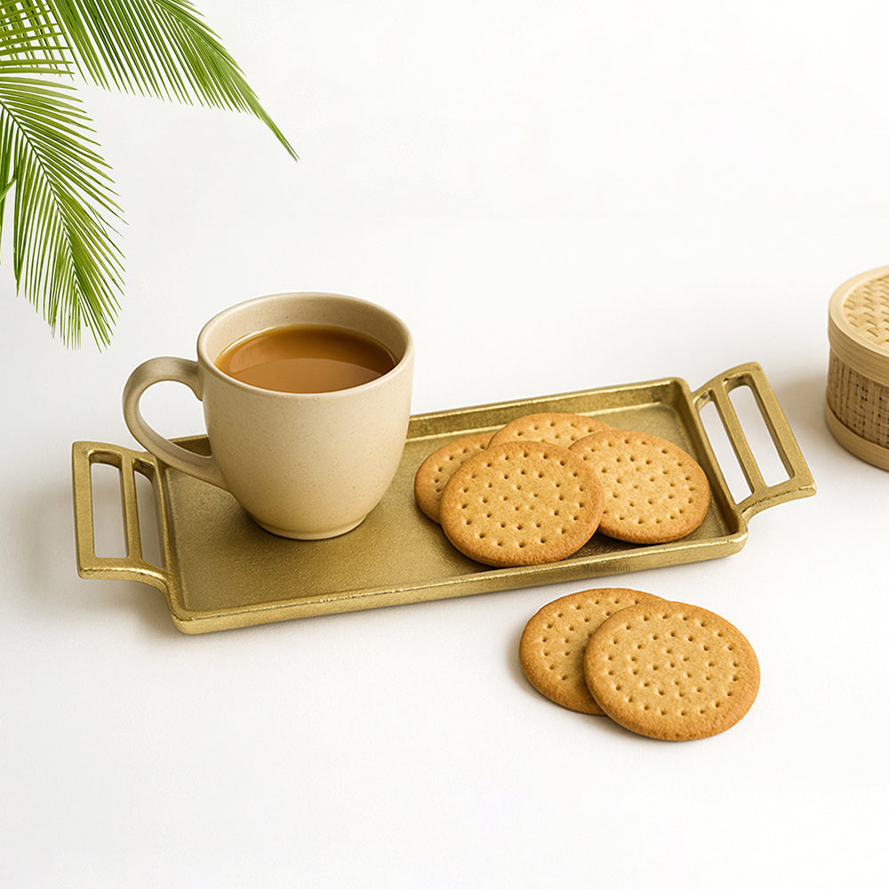 Rectangular Serving Tray with Handles Gold Plated Tray Decorative Aluminium Round Tray for Living Room Dining Office Center Table Decoration, Festival