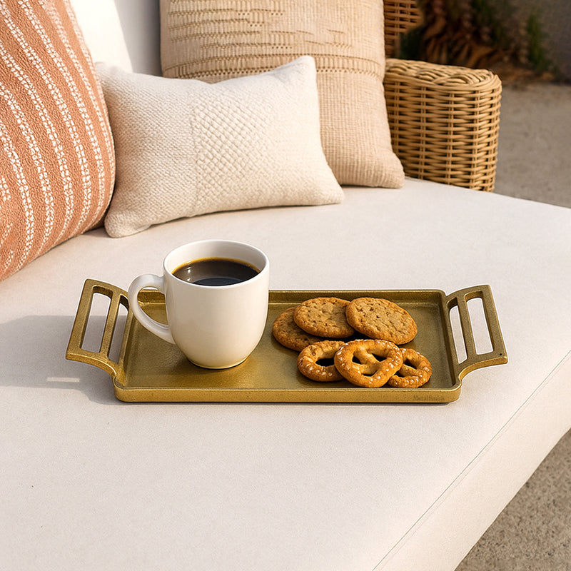 Rectangular Serving Tray with Handles Gold Plated Tray Decorative Aluminium Round Tray for Living Room Dining Office Center Table Decoration, Festival