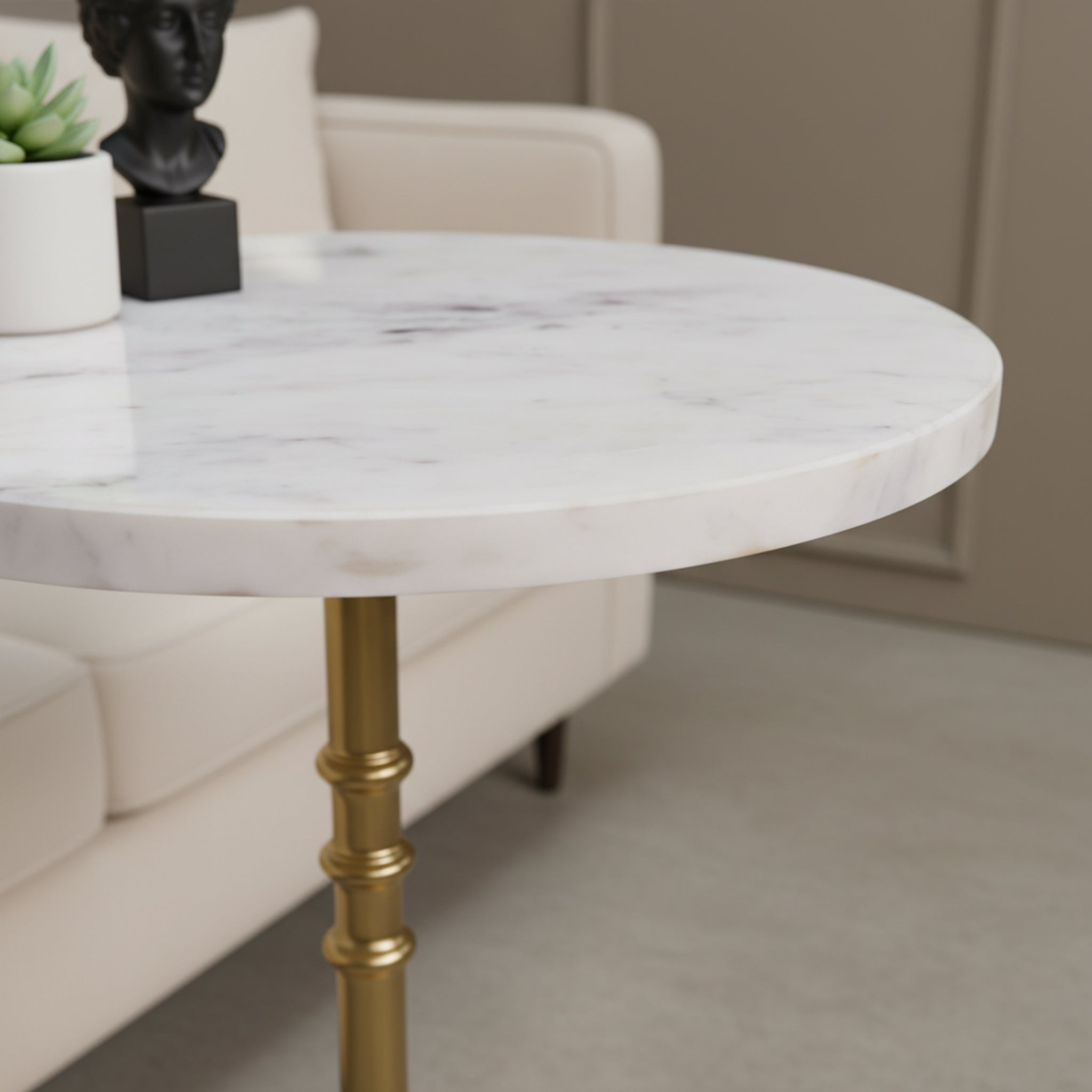 Metal Side Table With Marble Top - Gold & White