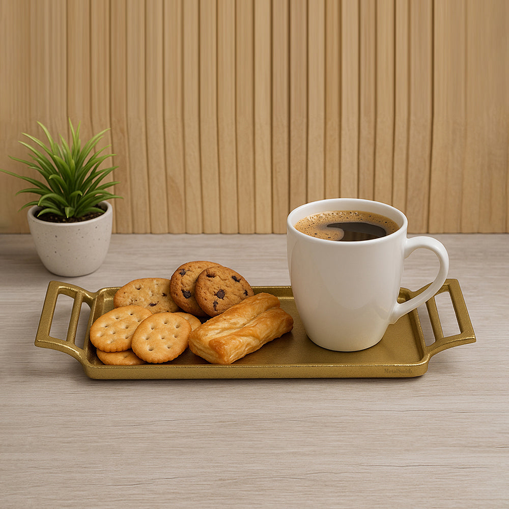 Rectangular Serving Tray with Handles Gold Plated Tray Decorative Aluminium Round Tray for Living Room Dining Office Center Table Decoration, Festival