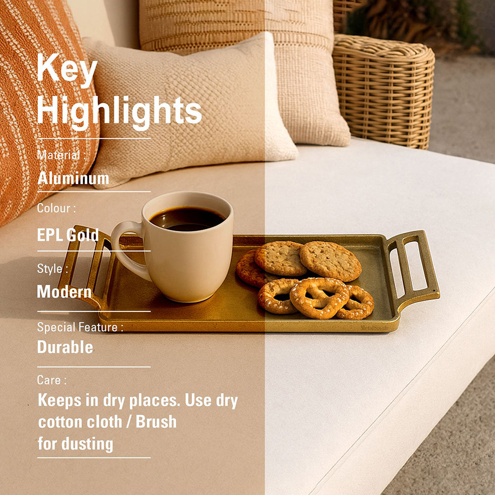 Rectangular Serving Tray with Handles Gold Plated Tray Decorative Aluminium Round Tray for Living Room Dining Office Center Table Decoration, Festival