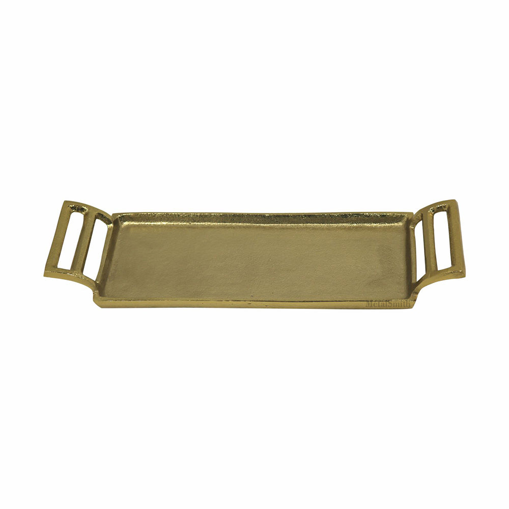 Rectangular Serving Tray with Handles Gold Plated Tray Decorative Aluminium Round Tray for Living Room Dining Office Center Table Decoration, Festival