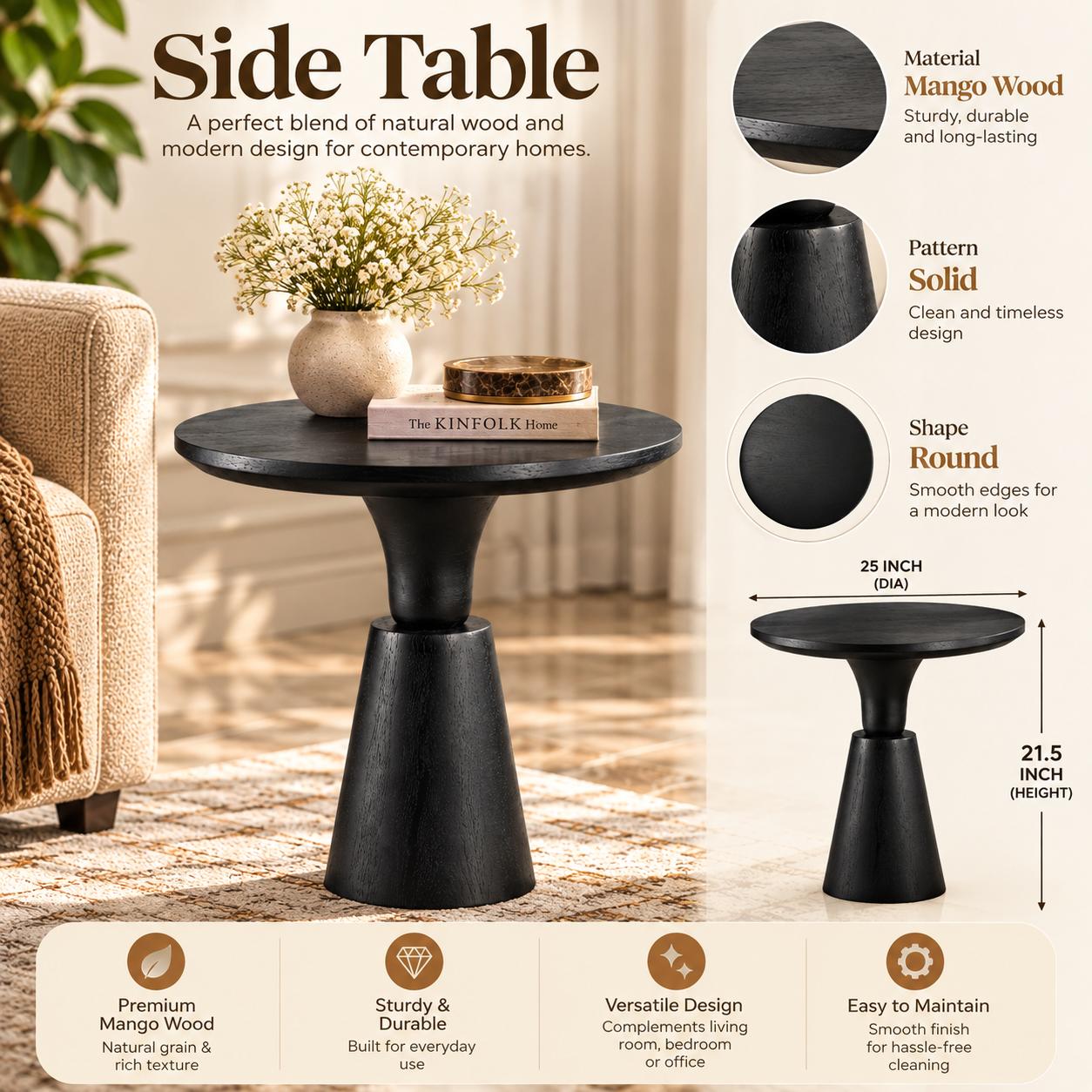 Noiré Sculpt Pedestal Side Table