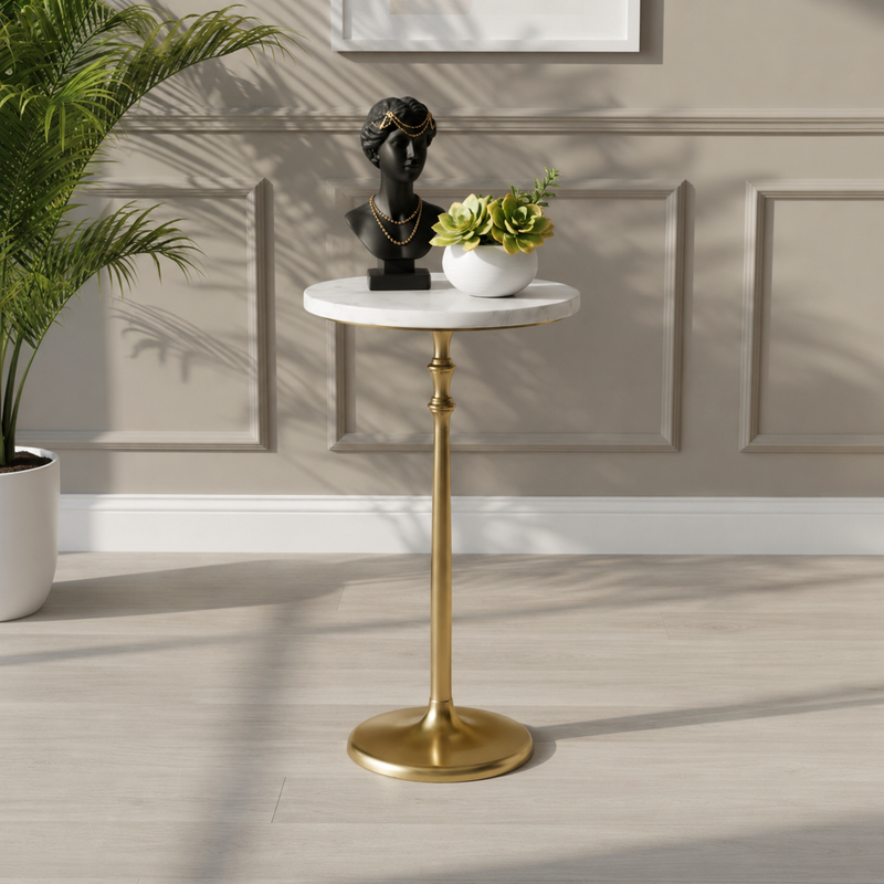 Metal Side Table With Marble Top - Gold & White