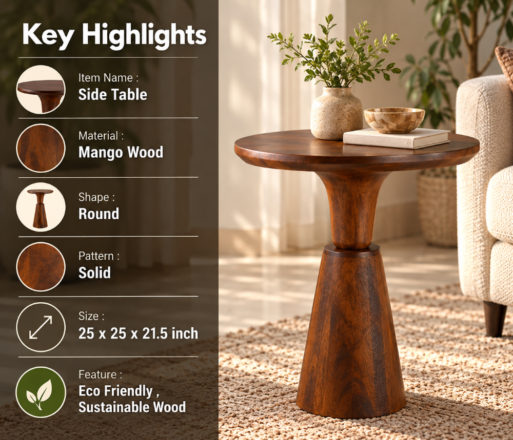 Noiré Sculpt Pedestal Side Table - Brown