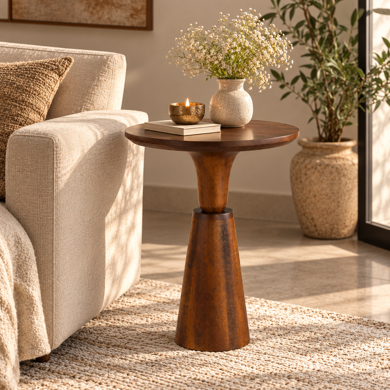 Noiré Sculpt Pedestal Side Table - Brown