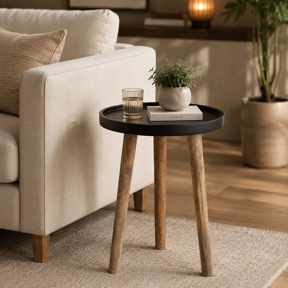 Tripod Wooden Side Table, Small - Natural & Black