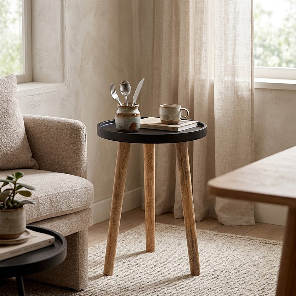 Tripod Wooden Side Table, Small - Natural & Black