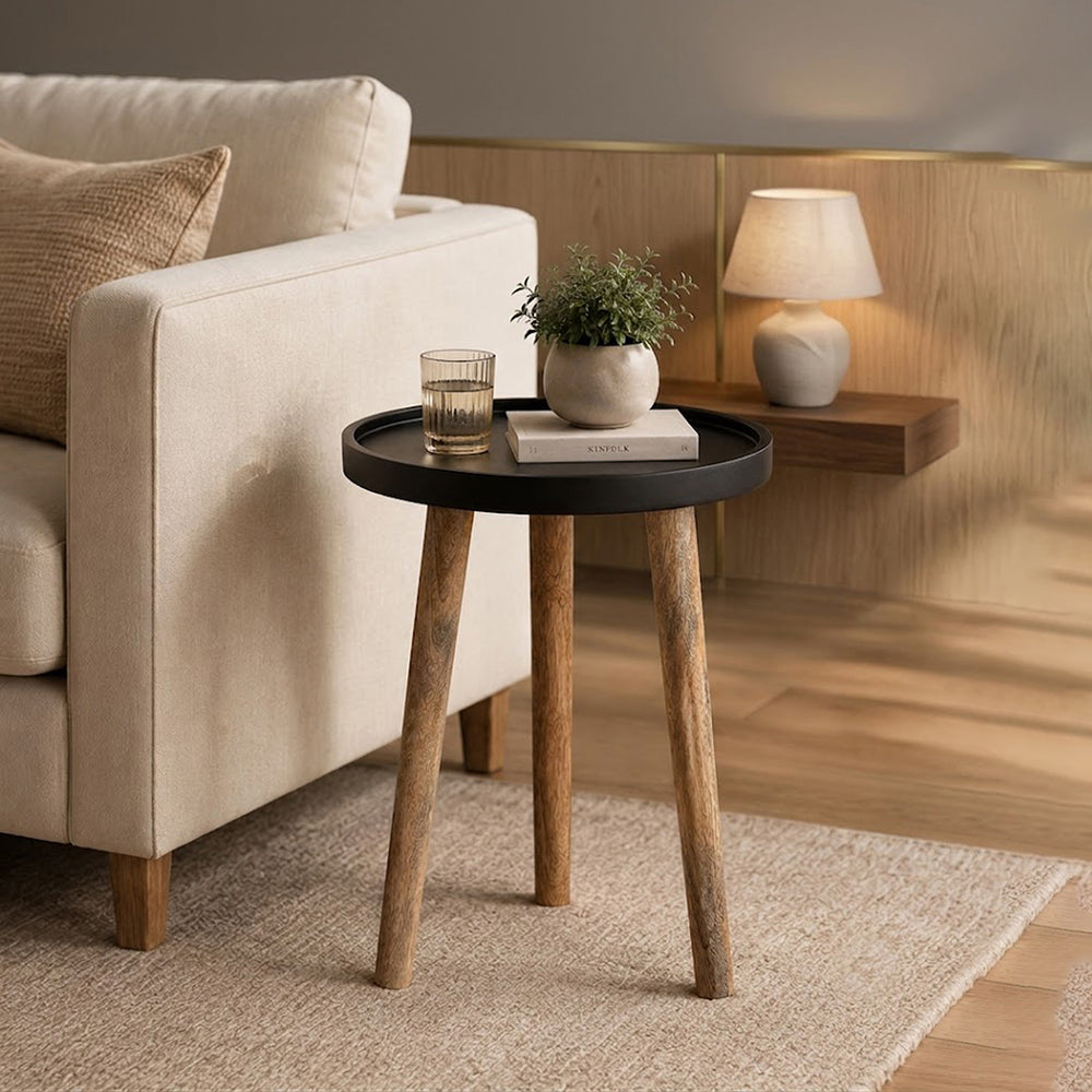 Tripod Wooden Side Table, Small - Natural & Black