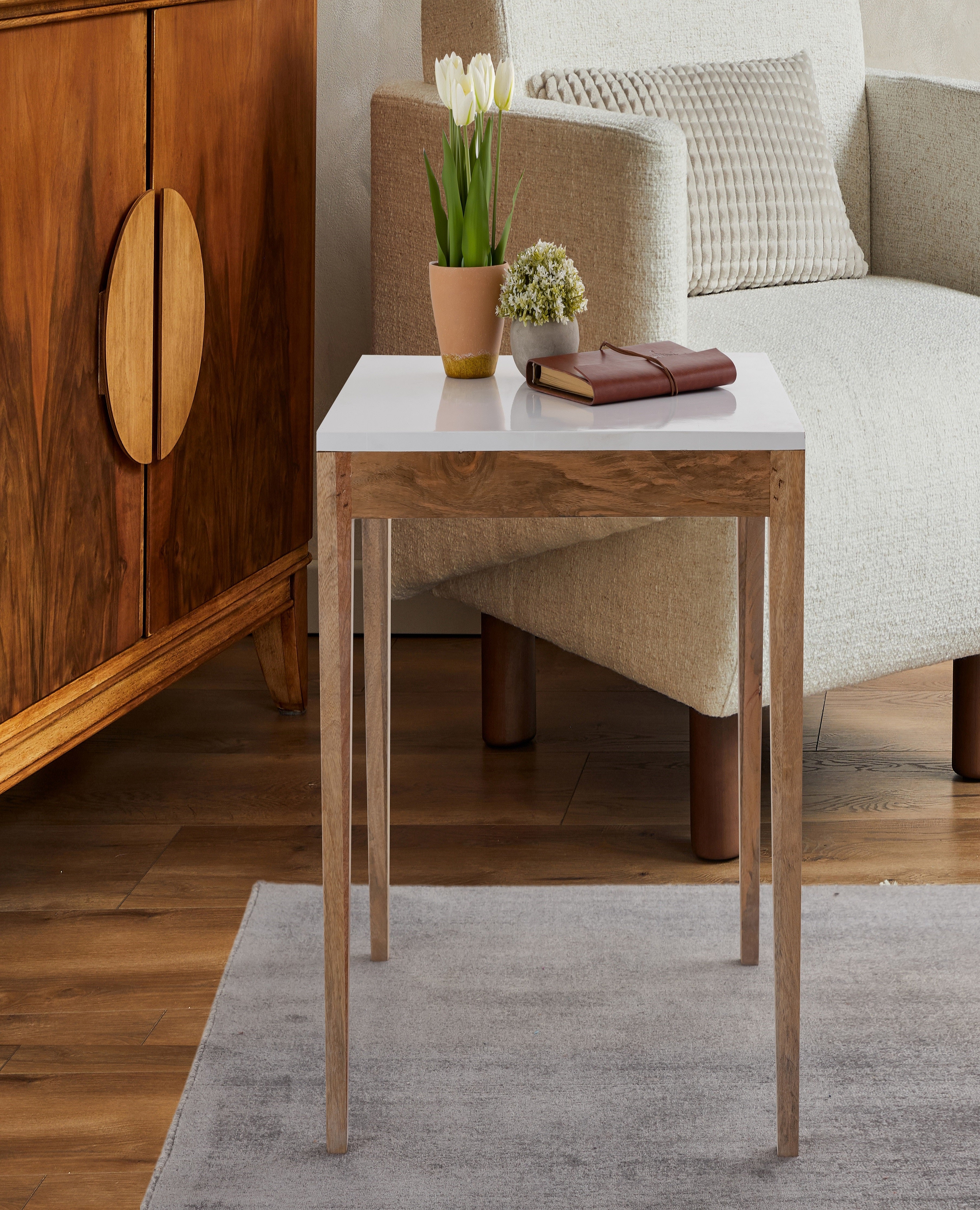 White Wooden Side Table For Home, Kitchen, Living Room, Balcony And Office