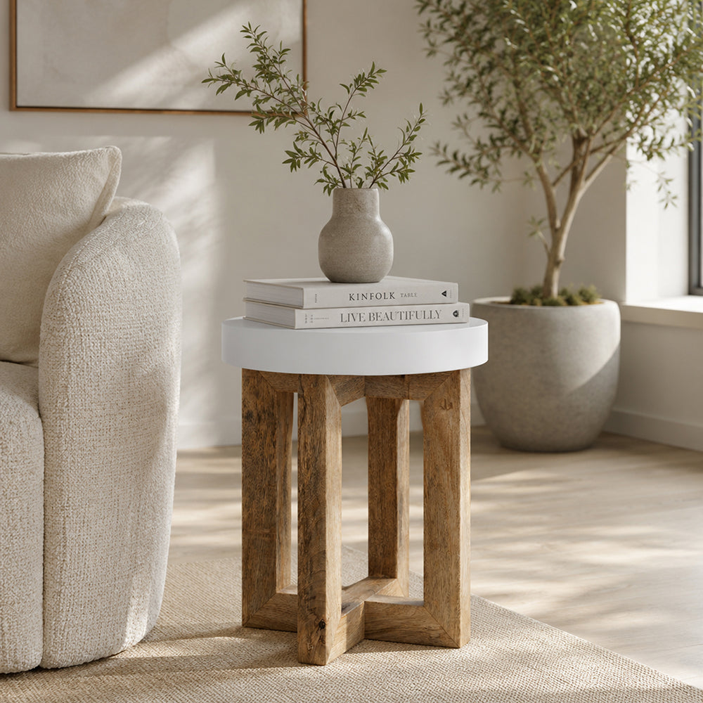 Denzo Wooden Stool - White & Natural