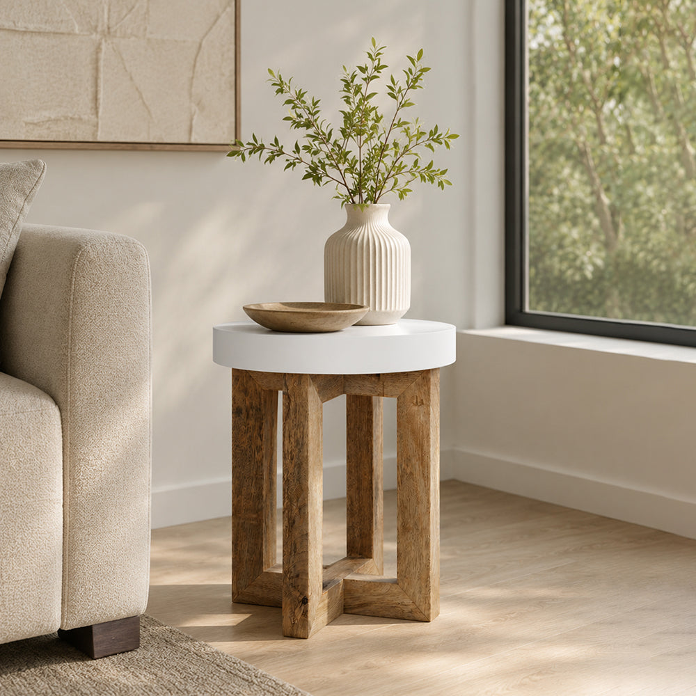 Denzo Wooden Stool - White & Natural