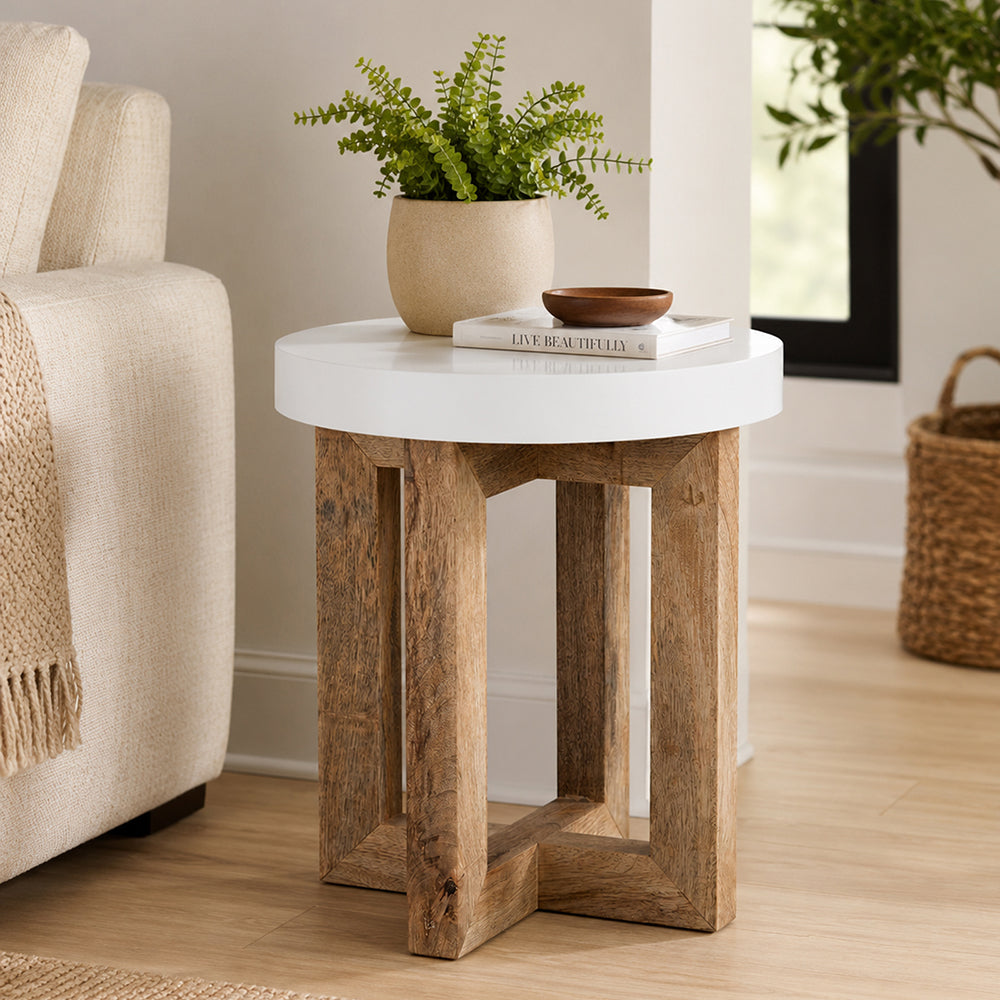 Denzo Wooden Stool - White & Natural