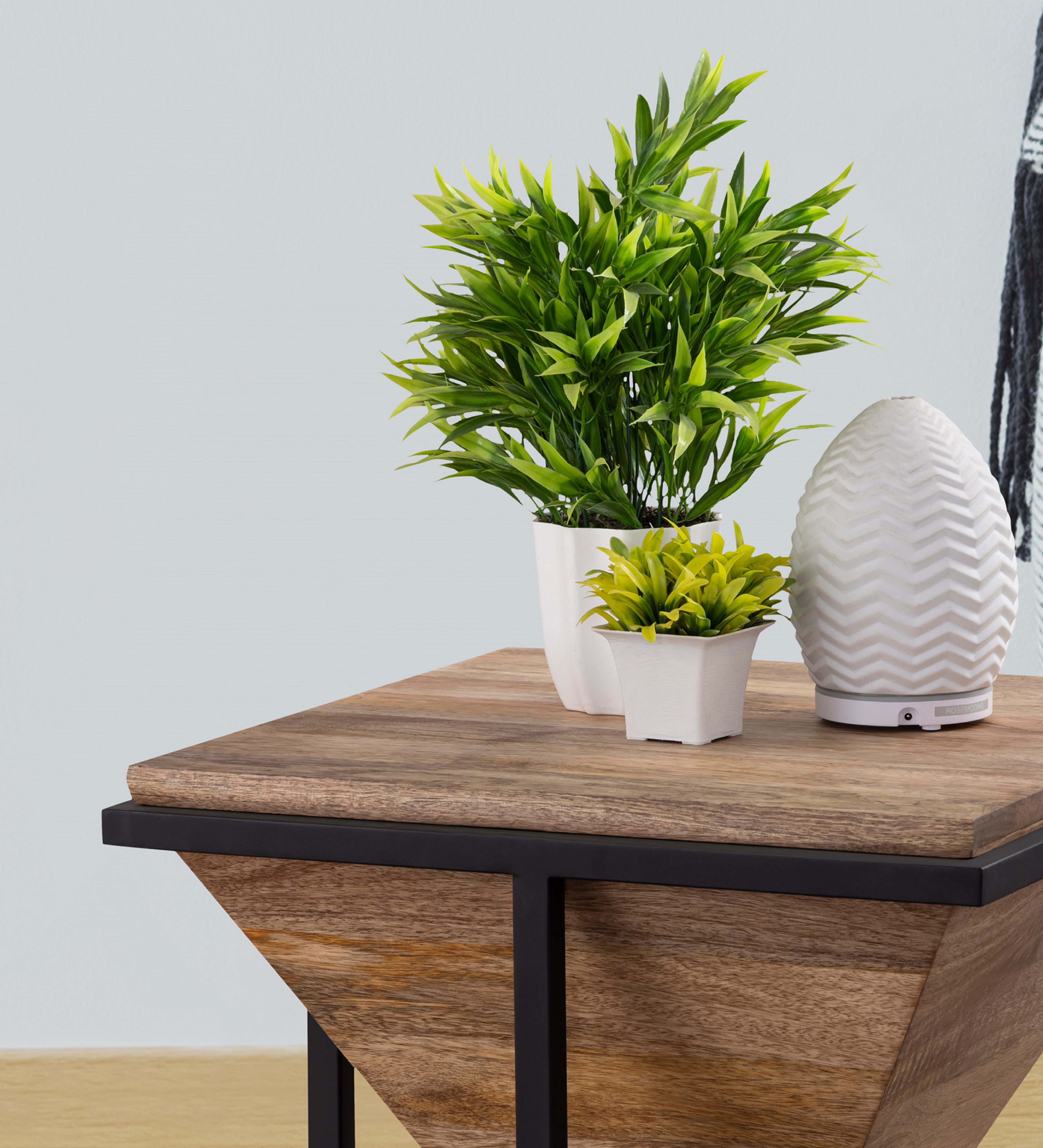 Brown Wooden Side Table With Metal Stand For Home And Office