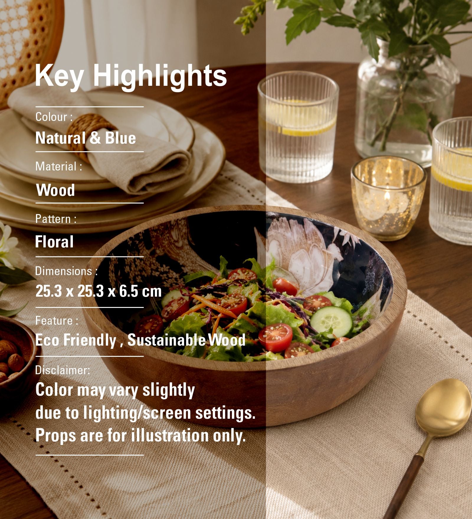 Alric Wooden Serving Bowl - Natural & Blue