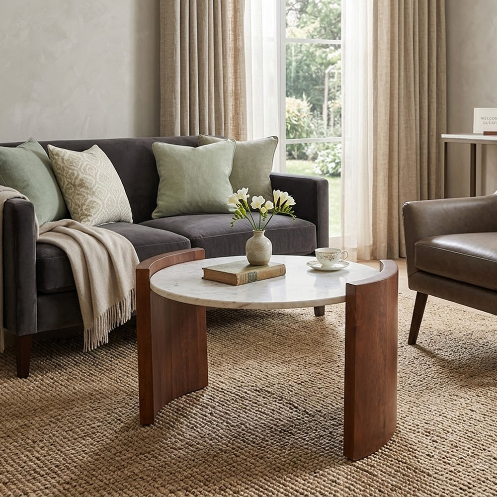 Stela Wooden Coffee Table With Marble Top - Brown