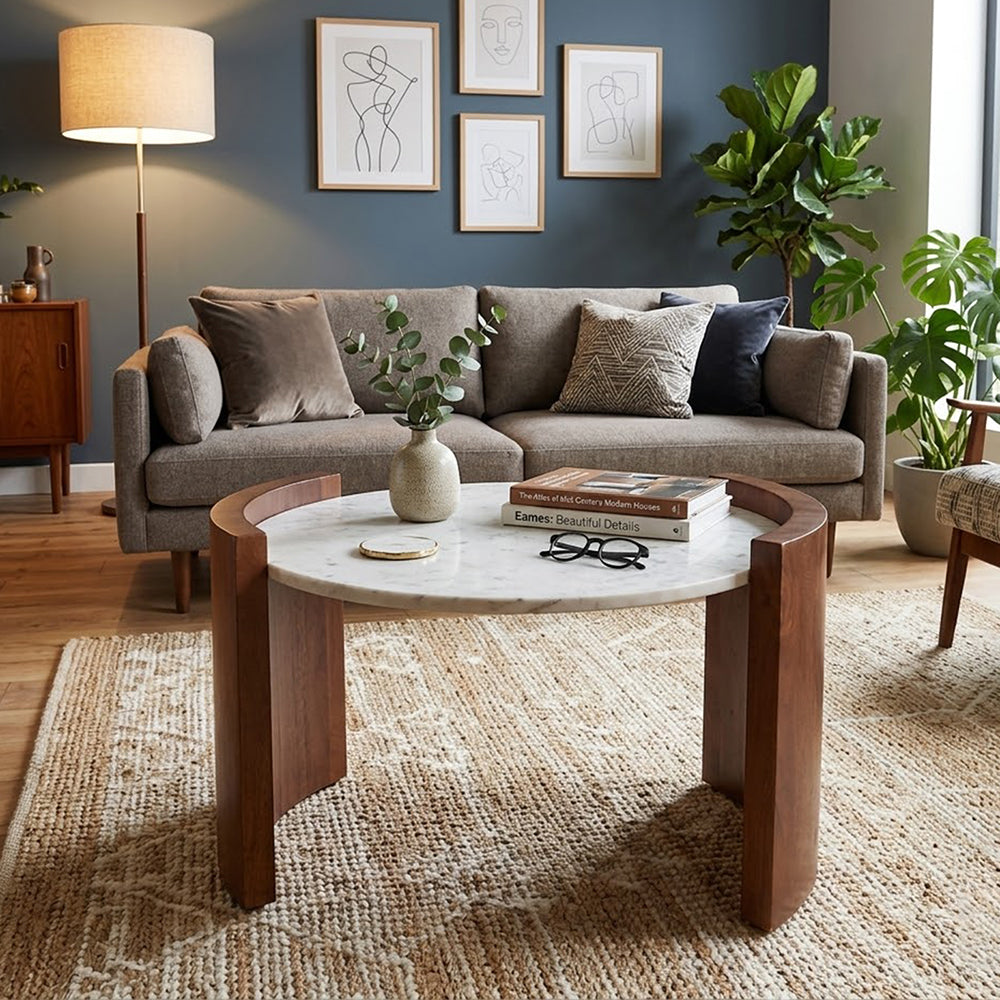 Stela Wooden Coffee Table With Marble Top - Brown