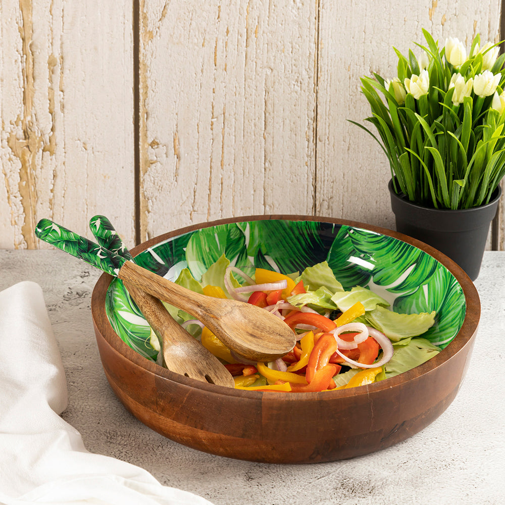 Wooden Serving And Decor Bowl With Spoon And Fork For Home, Kitchen And Office