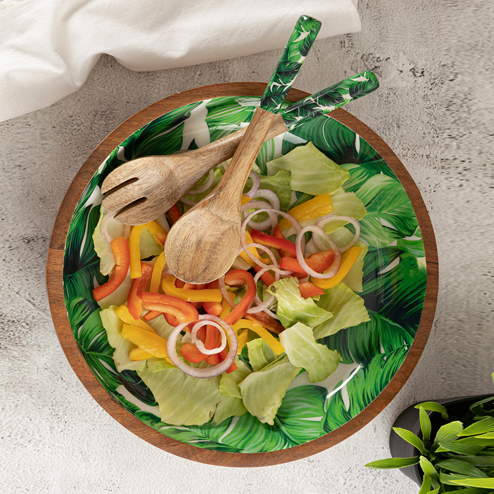 Wooden Serving And Decor Bowl With Spoon And Fork For Home, Kitchen And Office