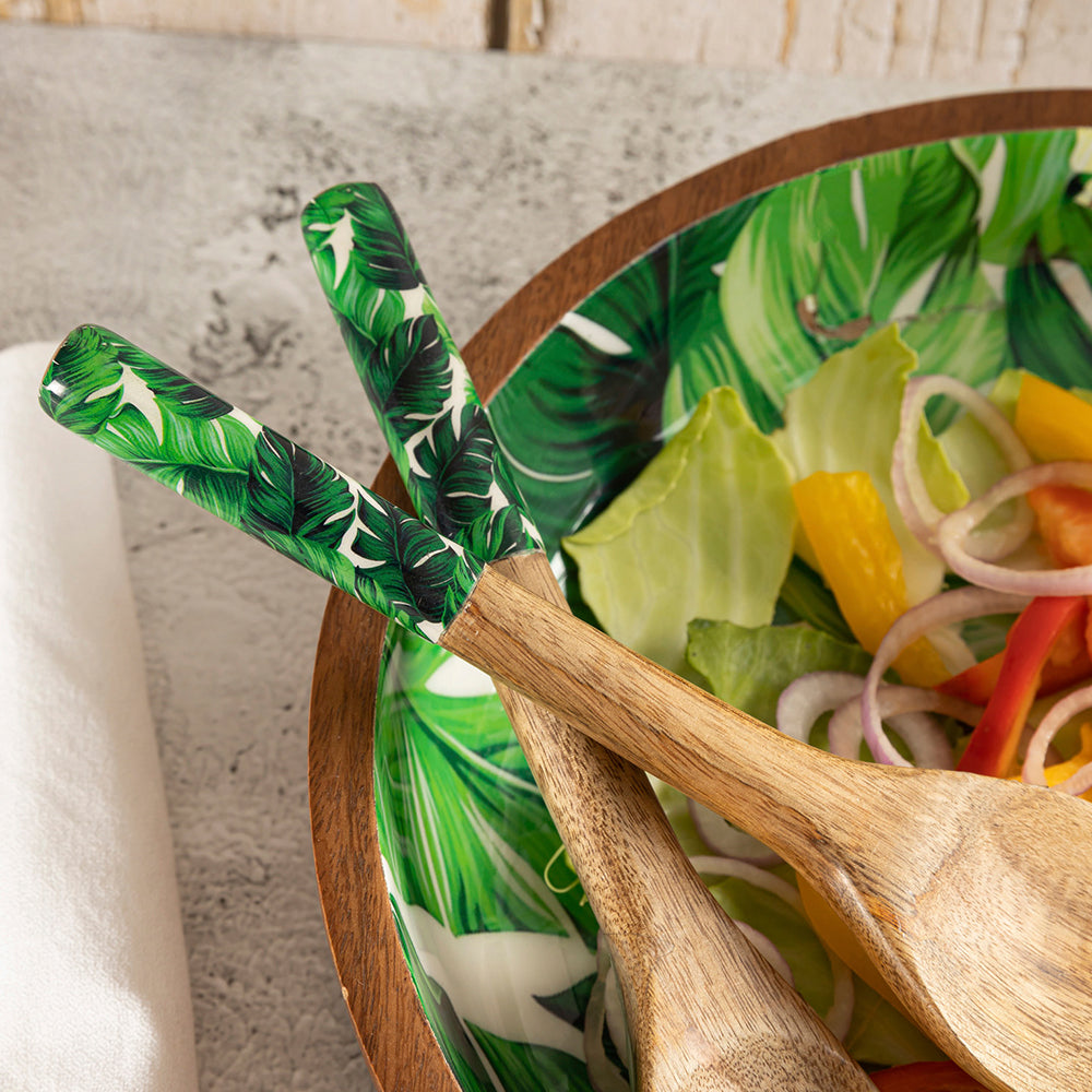 Wooden Serving And Decor Bowl With Spoon And Fork For Home, Kitchen And Office