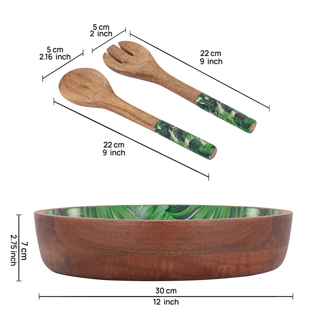 Wooden Serving And Decor Bowl With Spoon And Fork For Home, Kitchen And Office
