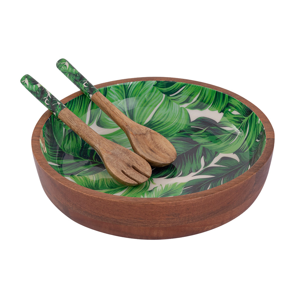 Wooden Serving And Decor Bowl With Spoon And Fork For Home, Kitchen And Office