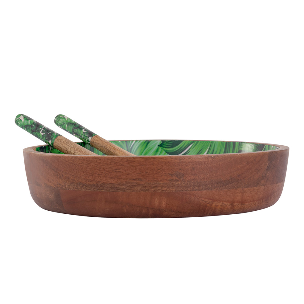 Wooden Serving And Decor Bowl With Spoon And Fork For Home, Kitchen And Office