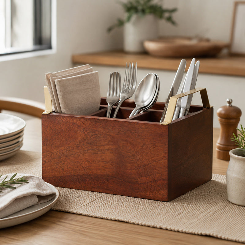Wooden Cutlery Holder With Metal Handle For Dining Room, Kitchen And Desk