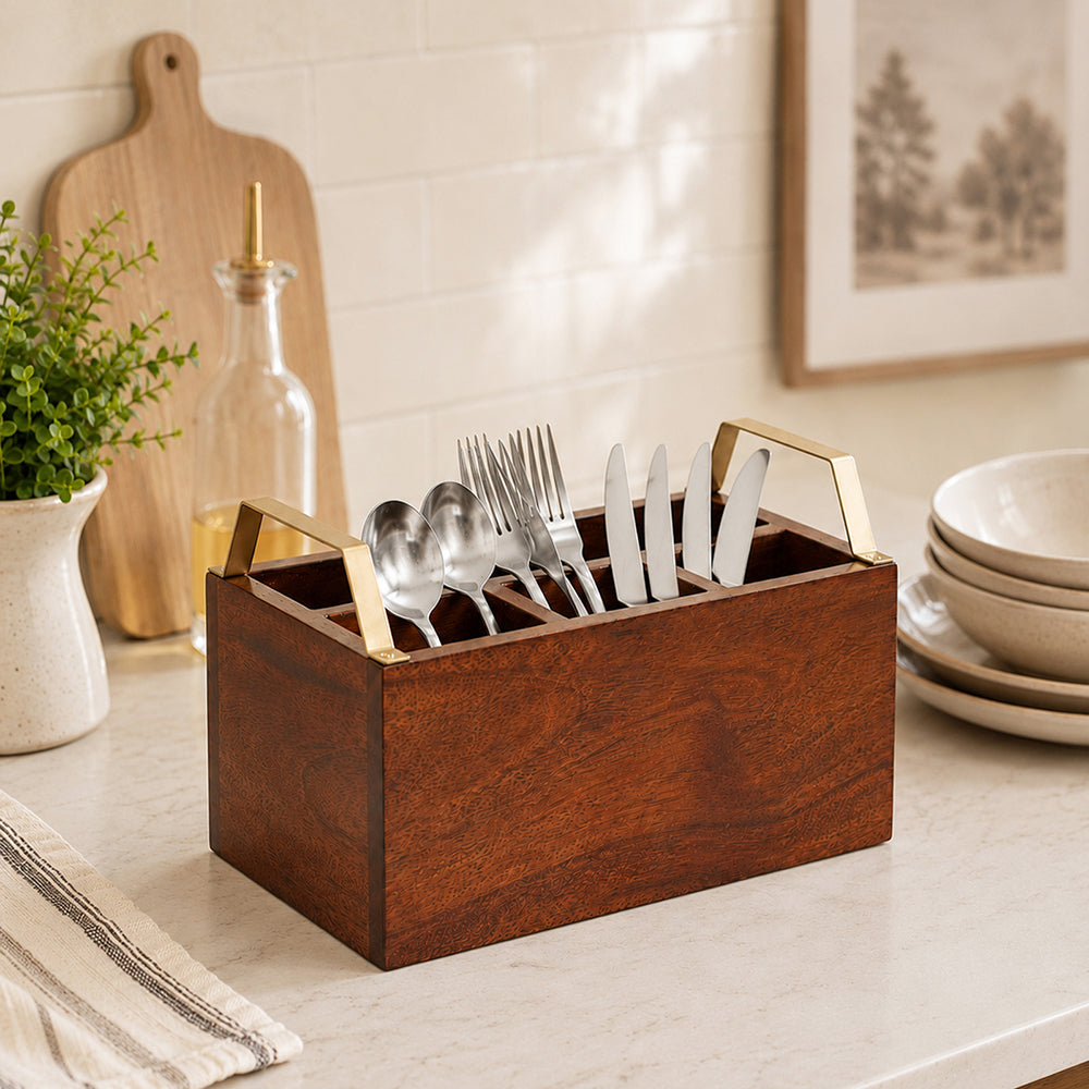 Wooden Cutlery Holder With Metal Handle For Dining Room, Kitchen And Desk