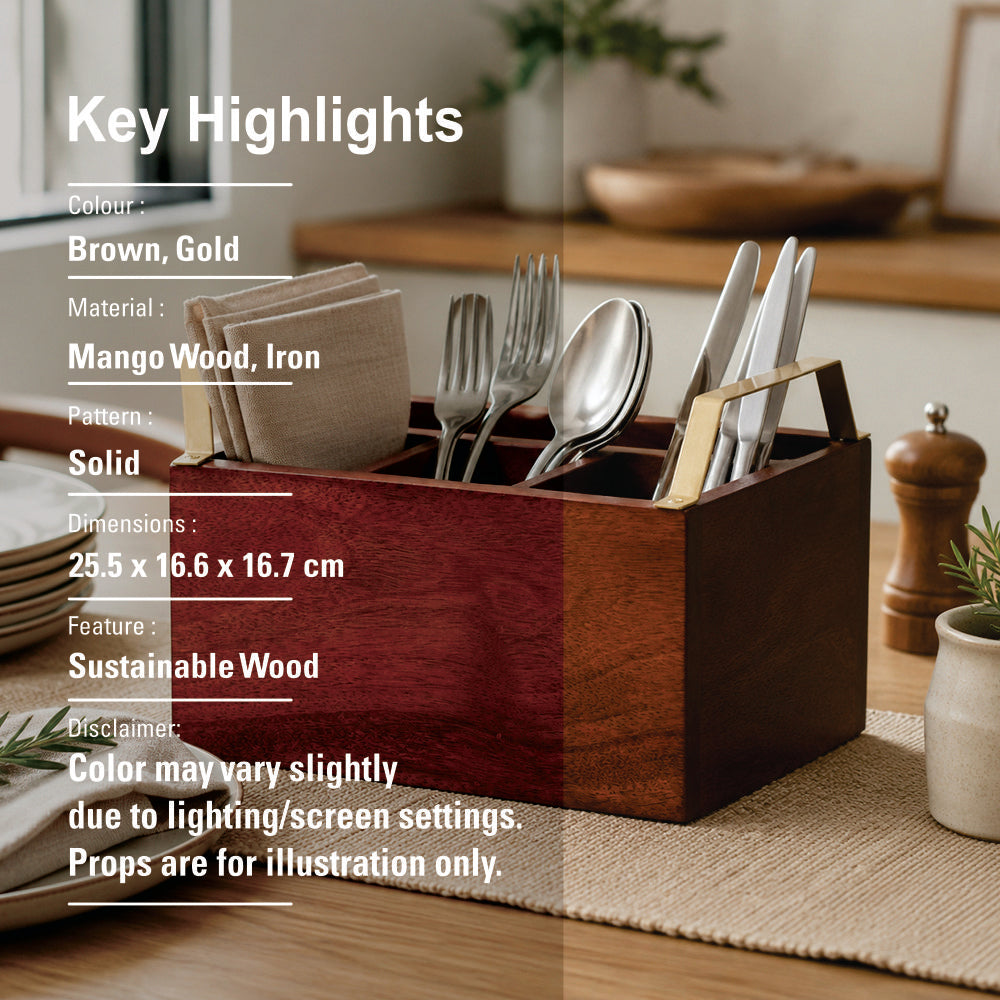 Wooden Cutlery Holder With Metal Handle For Dining Room, Kitchen And Desk