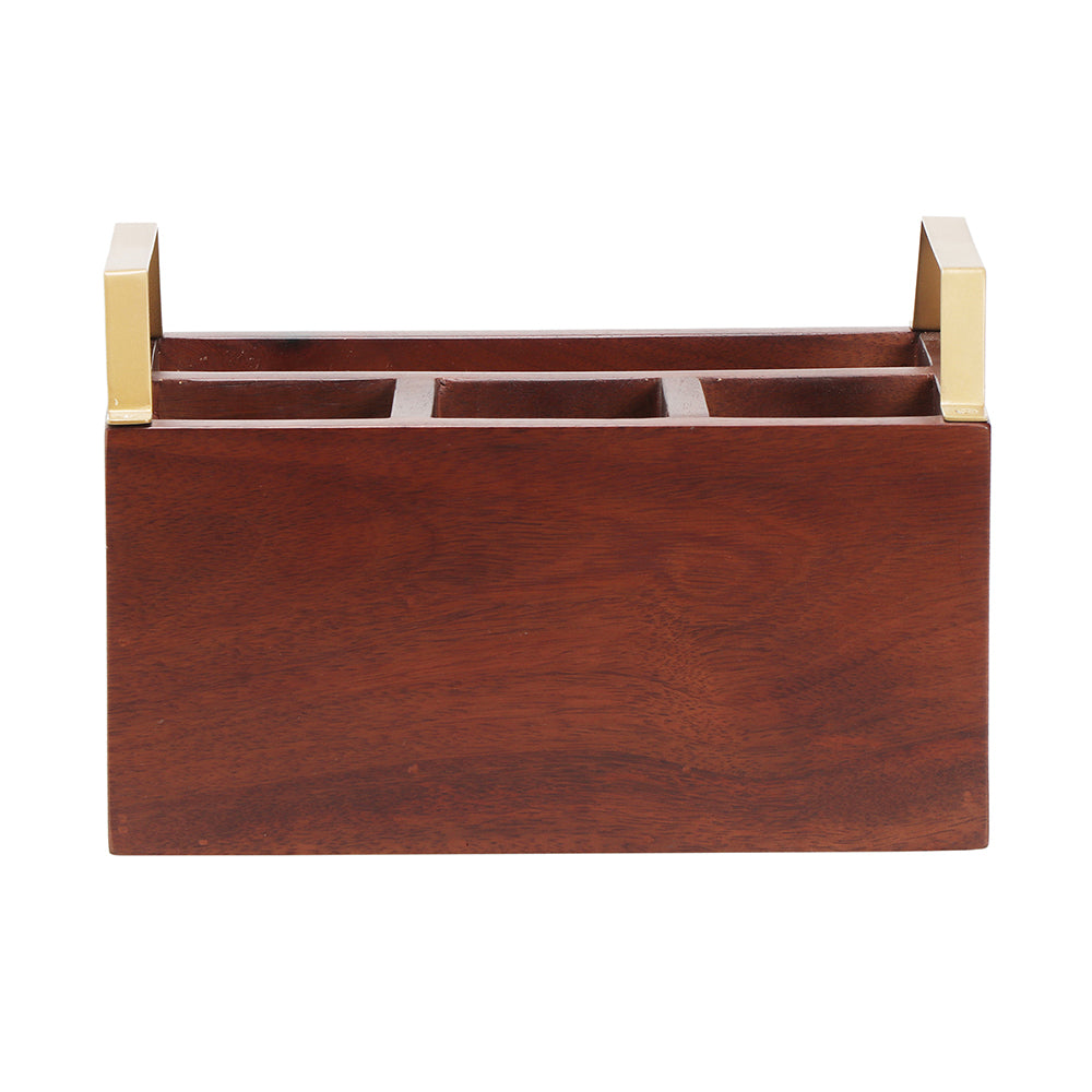 Wooden Cutlery Holder With Metal Handle For Dining Room, Kitchen And Desk