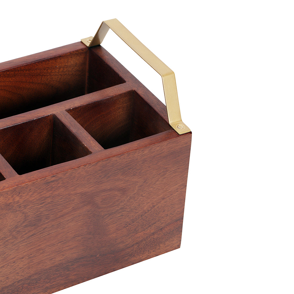 Wooden Cutlery Holder With Metal Handle For Dining Room, Kitchen And Desk