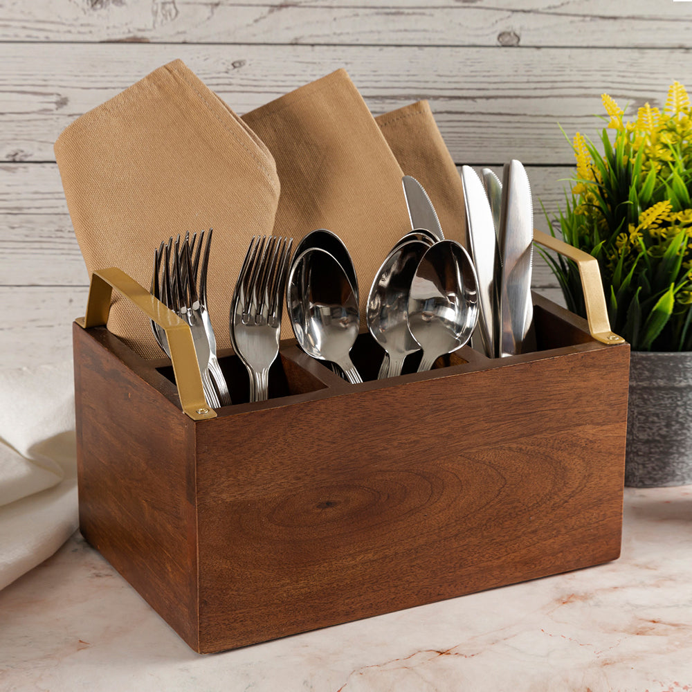 Wooden Cutlery Holder With Metal Handle For Dining Room, Kitchen And Desk