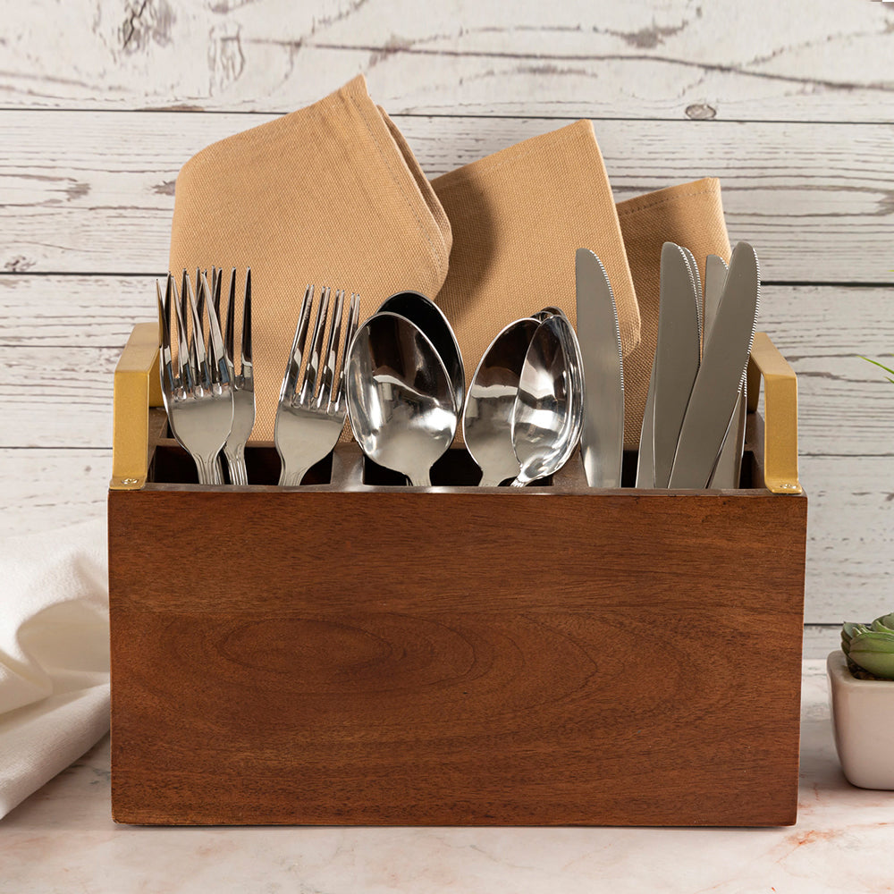 Wooden Cutlery Holder With Metal Handle For Dining Room, Kitchen And Desk