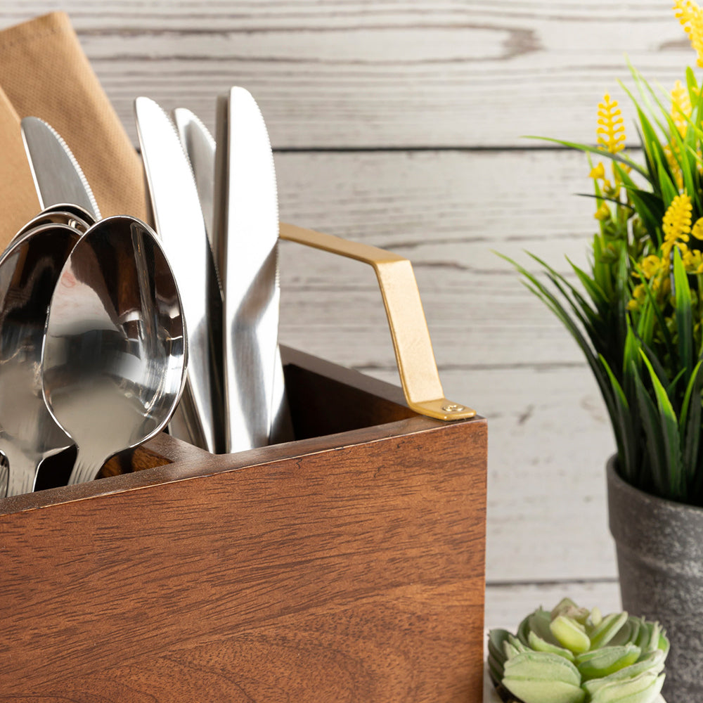 Wooden Cutlery Holder With Metal Handle For Dining Room, Kitchen And Desk
