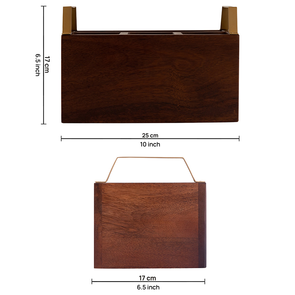 Wooden Cutlery Holder With Metal Handle For Dining Room, Kitchen And Desk