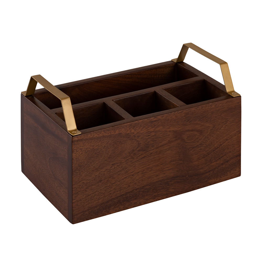 Wooden Cutlery Holder With Metal Handle For Dining Room, Kitchen And Desk