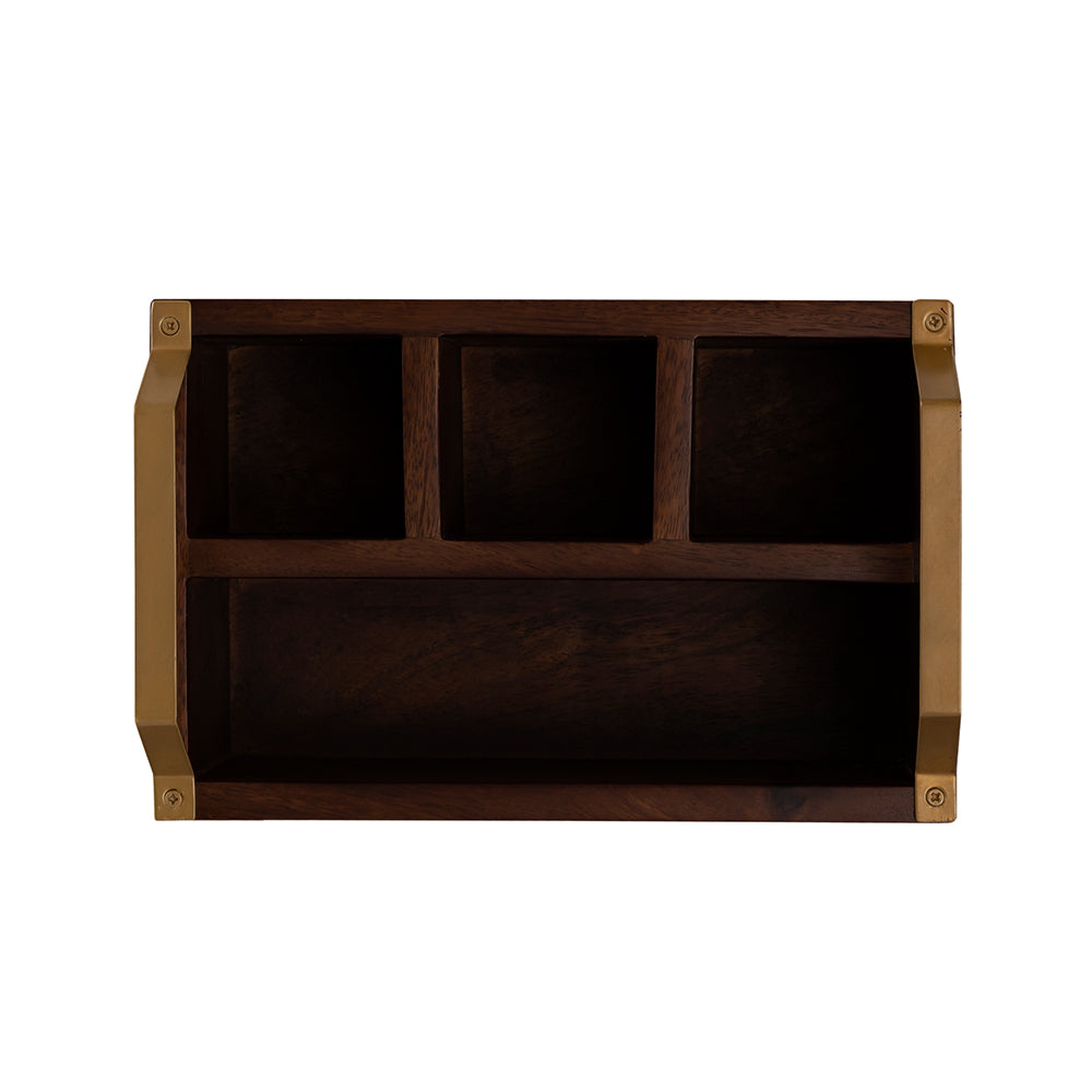 Wooden Cutlery Holder With Metal Handle For Dining Room, Kitchen And Desk