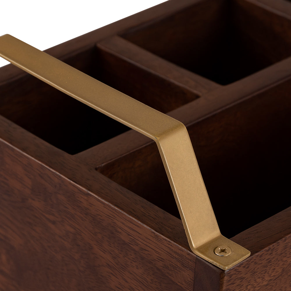 Wooden Cutlery Holder With Metal Handle For Dining Room, Kitchen And Desk