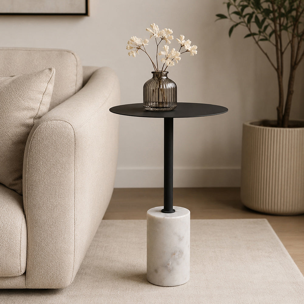 Emmy Metal Side Table With Marble Base - Black