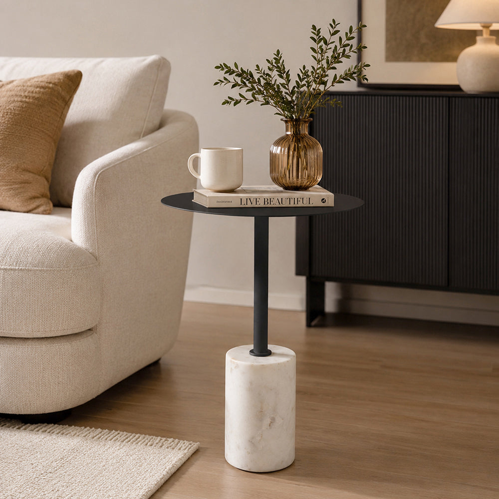 Emmy Metal Side Table With Marble Base - Black
