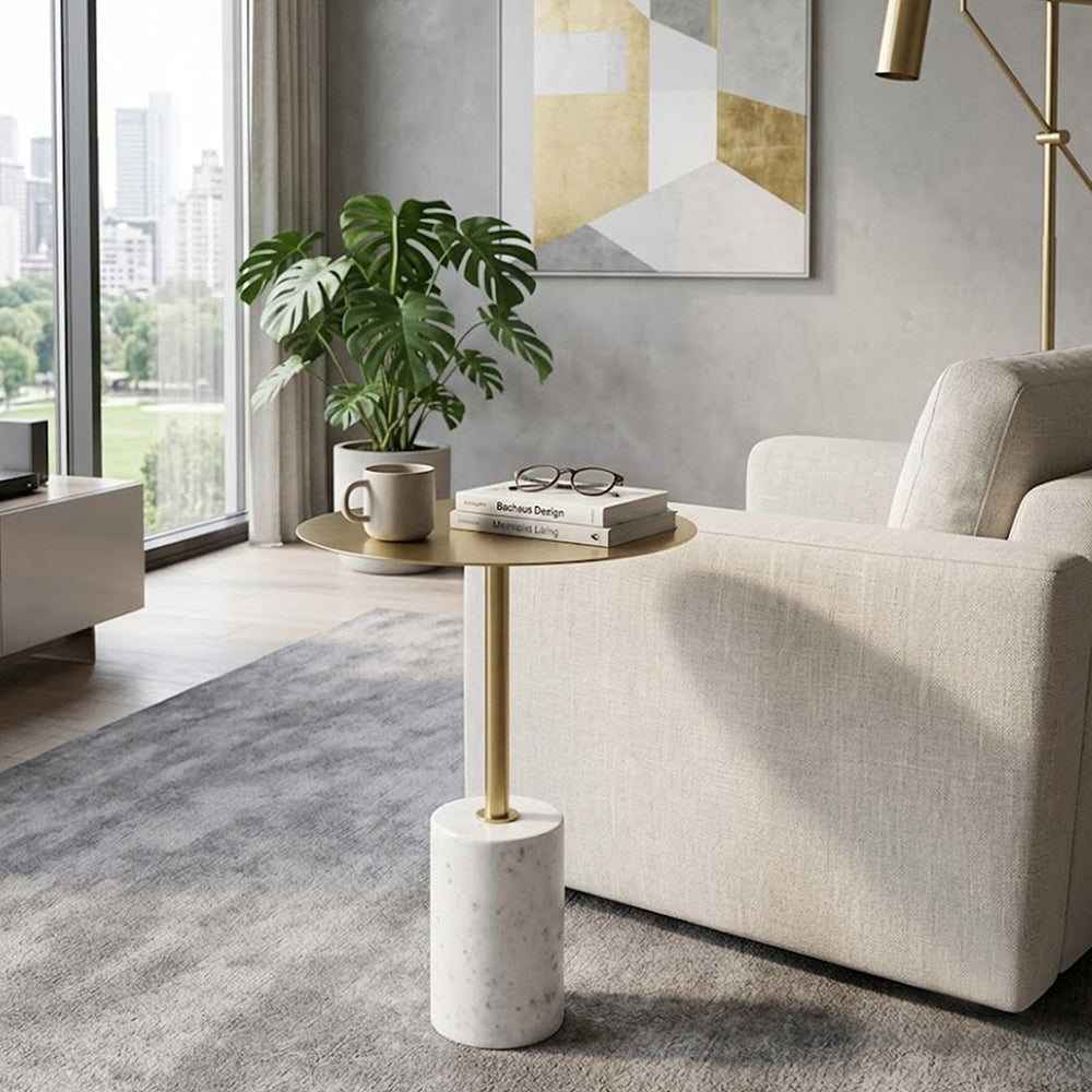 Emmy Metal Side Table With Marble Base - Gold