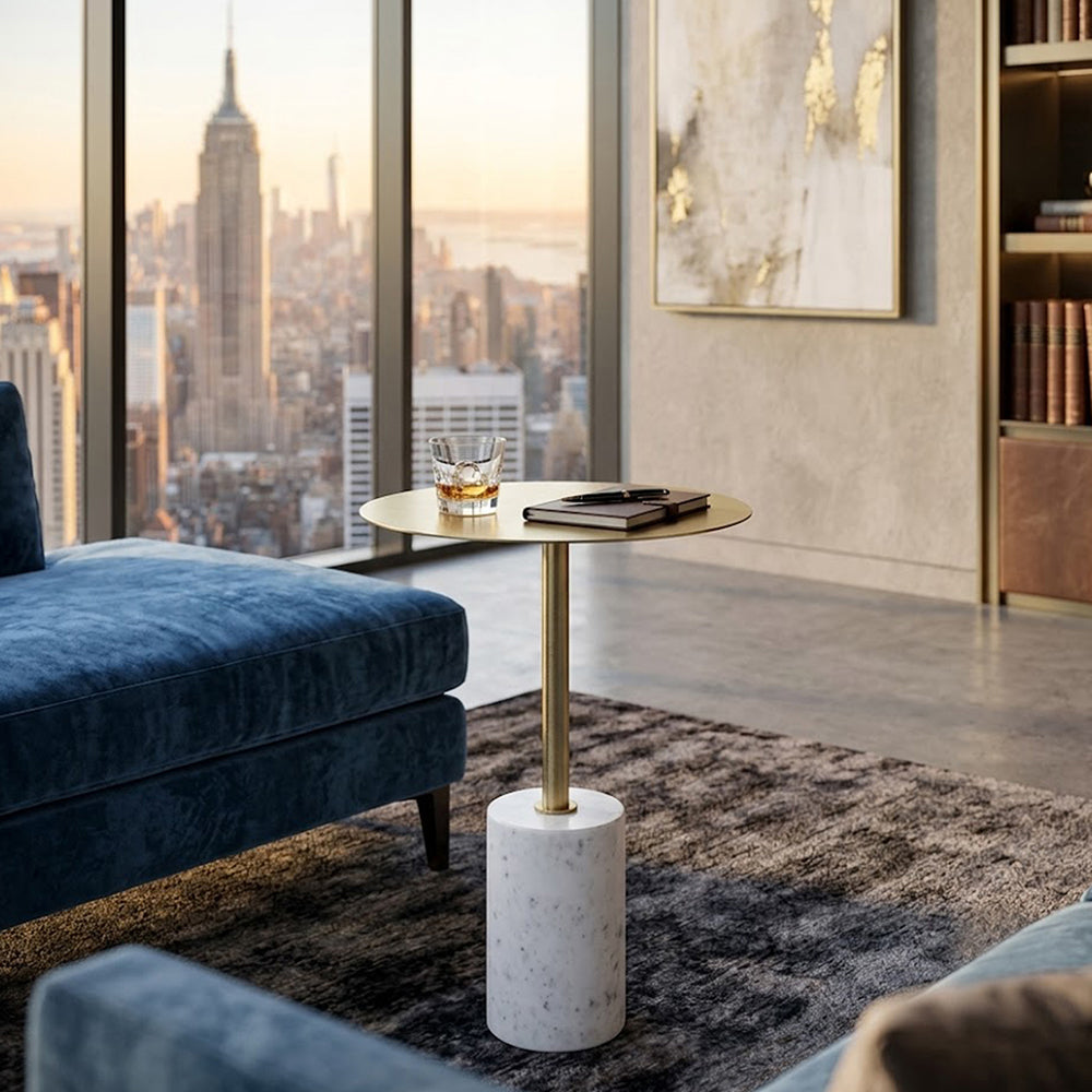 Emmy Metal Side Table With Marble Base - Gold