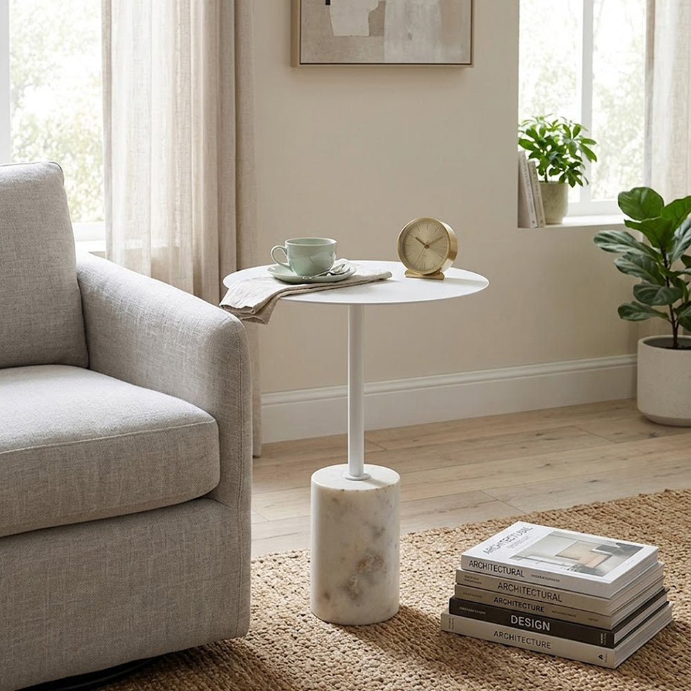 Emmy Metal Side Table With Marble Base - White