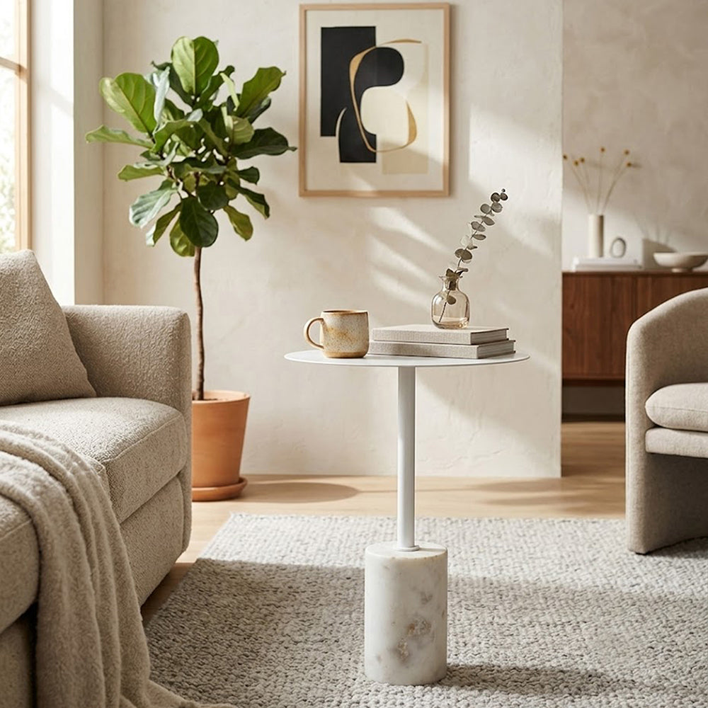 Emmy Metal Side Table With Marble Base - White